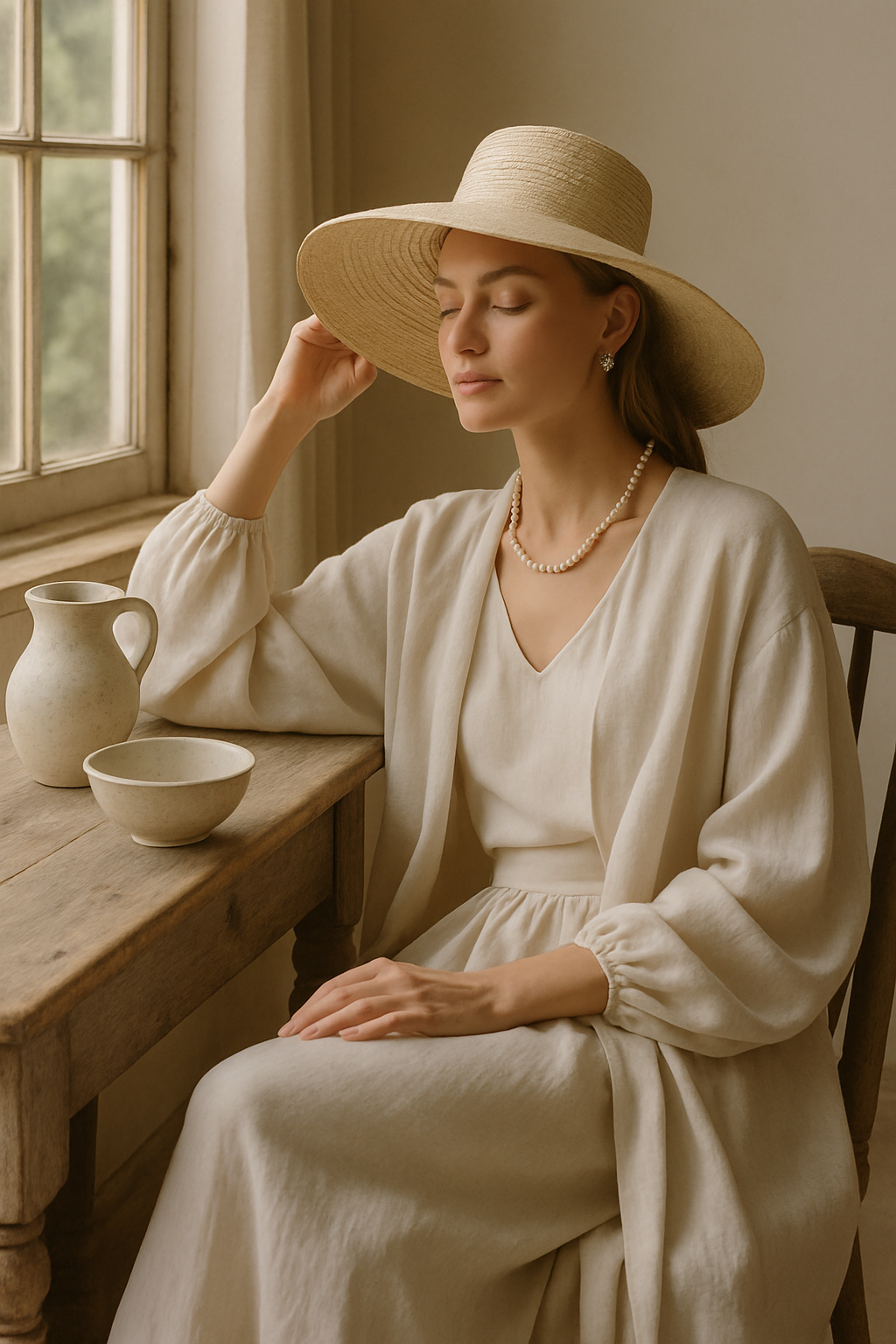 SKIPIKS AI 패션 화보 — minimalist, feminine, natural — 차분하고 자연스러운 색감이 조화를 이루는 린넨 드레스와 가디건의 만남이 우아한 분위기를 연출해요. 진주 목걸이를 더해 더욱 여성스러운 매력을 강