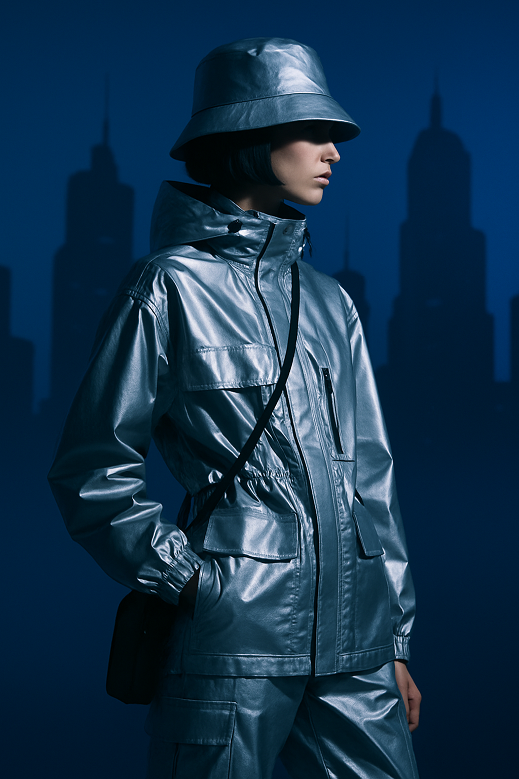 SKIPIKS AI 패션 화보 — futuristic, urban, minimalist — 메탈릭 블루 컬러의 재킷과 팬츠가 강렬한 도시적 무드를 연출해요. 기능성과 스타일을 모두 잡은 테크웨어 룩으로, 스니커즈와 매치하면 더욱 캐주얼