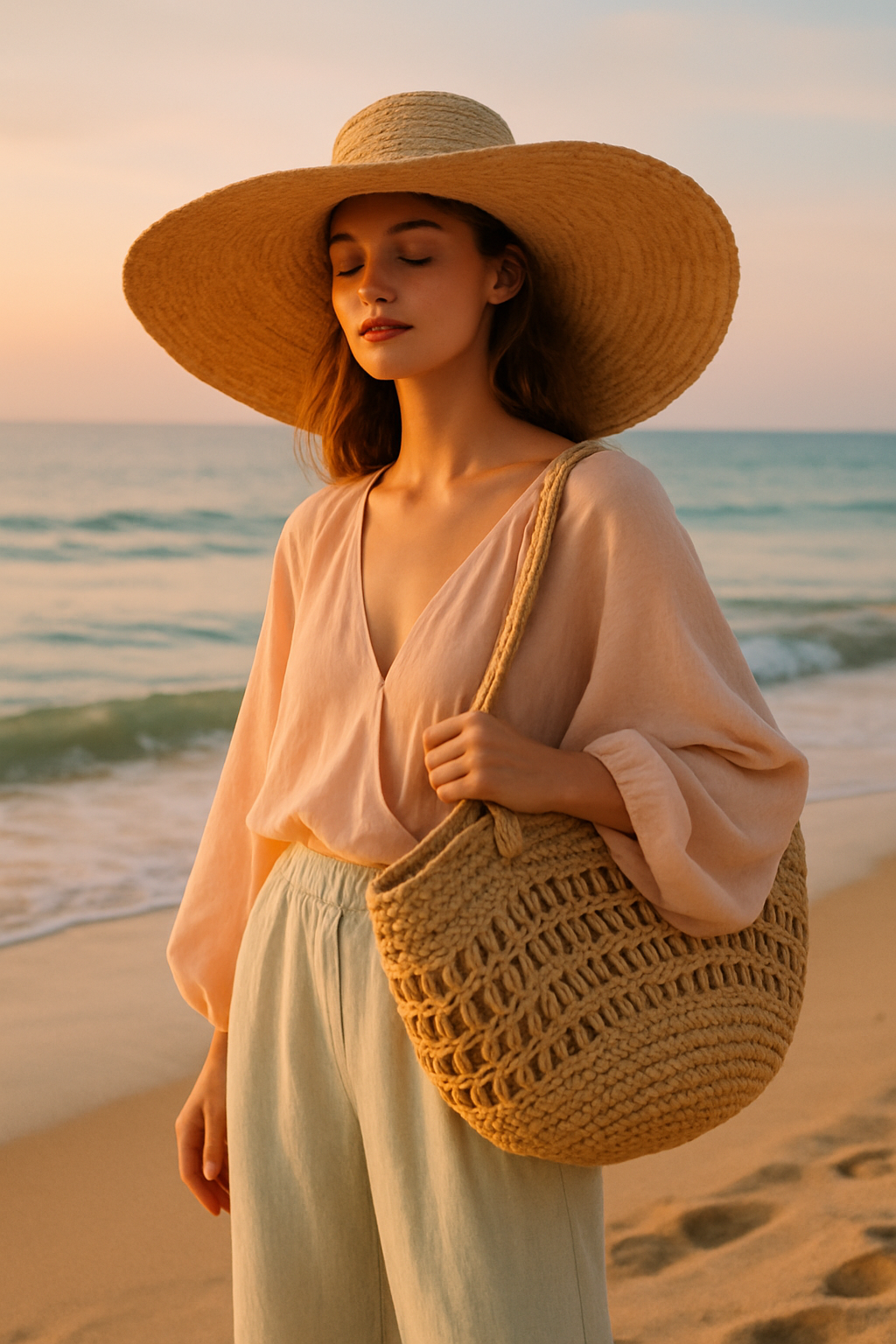 SKIPIKS AI 패션 화보 — bohemian, natural, casual — 자연스러운 비치 무드의 룩으로, 부드러운 파스텔 핑크와 베이지 톤이 조화를 이루고 있어요. 여유로운 실루엣의 블라우스와 와이드 팬츠가 편안함을 