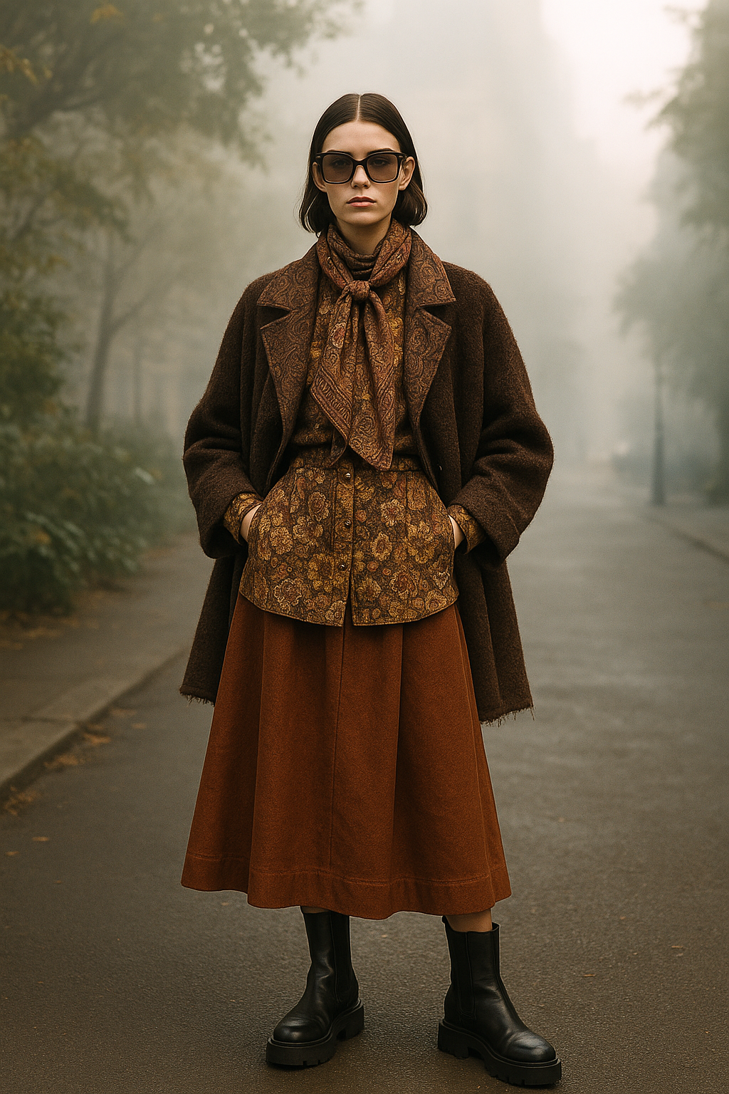 SKIPIKS AI 패션 화보 — vintage, layered, feminine — 클래식한 브라운 계열의 톤온톤 스타일링이 고급스러운 감성을 자아내는 룩입니다. 레트로 무드의 프린트 블라우스와 플레어 스커트를 매치해 우아한 분