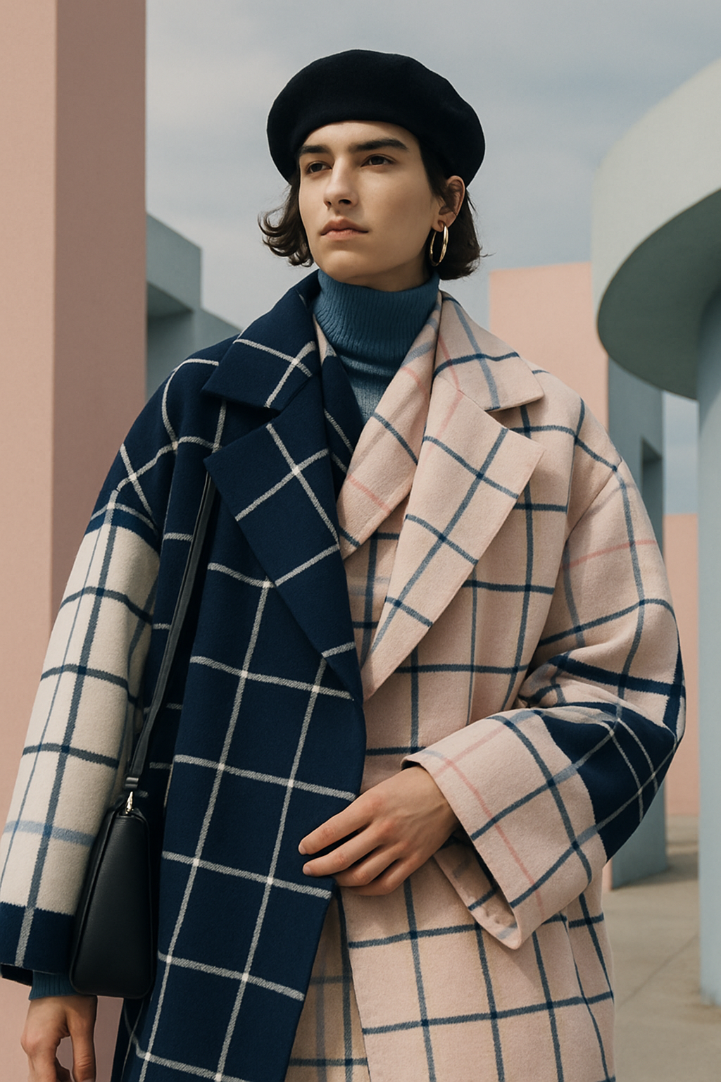 SKIPIKS AI 패션 화보 — classic, chic, modern — 체크 패턴의 대담한 매치가 돋보이는 클래식하면서도 모던한 무드의 코디입니다. 베레모와 골드 이어링으로 포인트를 주며, 심플한 블랙 숄더백으로 조