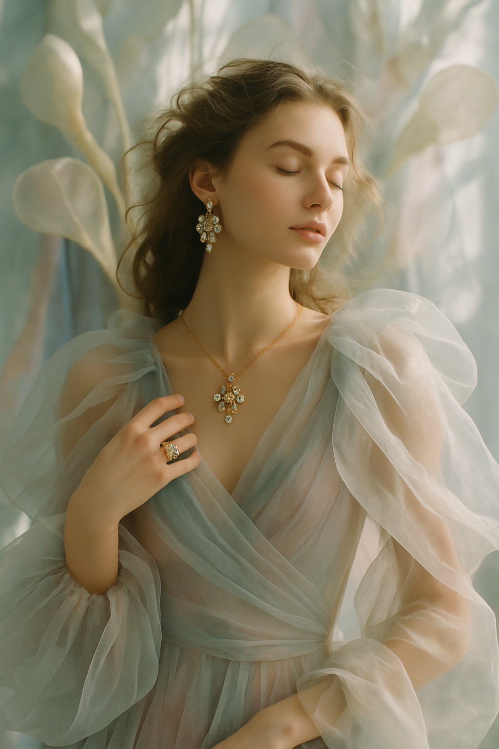 SKIPIKS AI 패션 화보 — romantic, elegant, feminine — 은은한 연청록색 시폰 드레스가 로맨틱하면서도 우아한 분위기를 연출합니다. 화려한 금색 주얼리와 매치해 더욱 고급스러운 무드를 완성해보세요. 이 