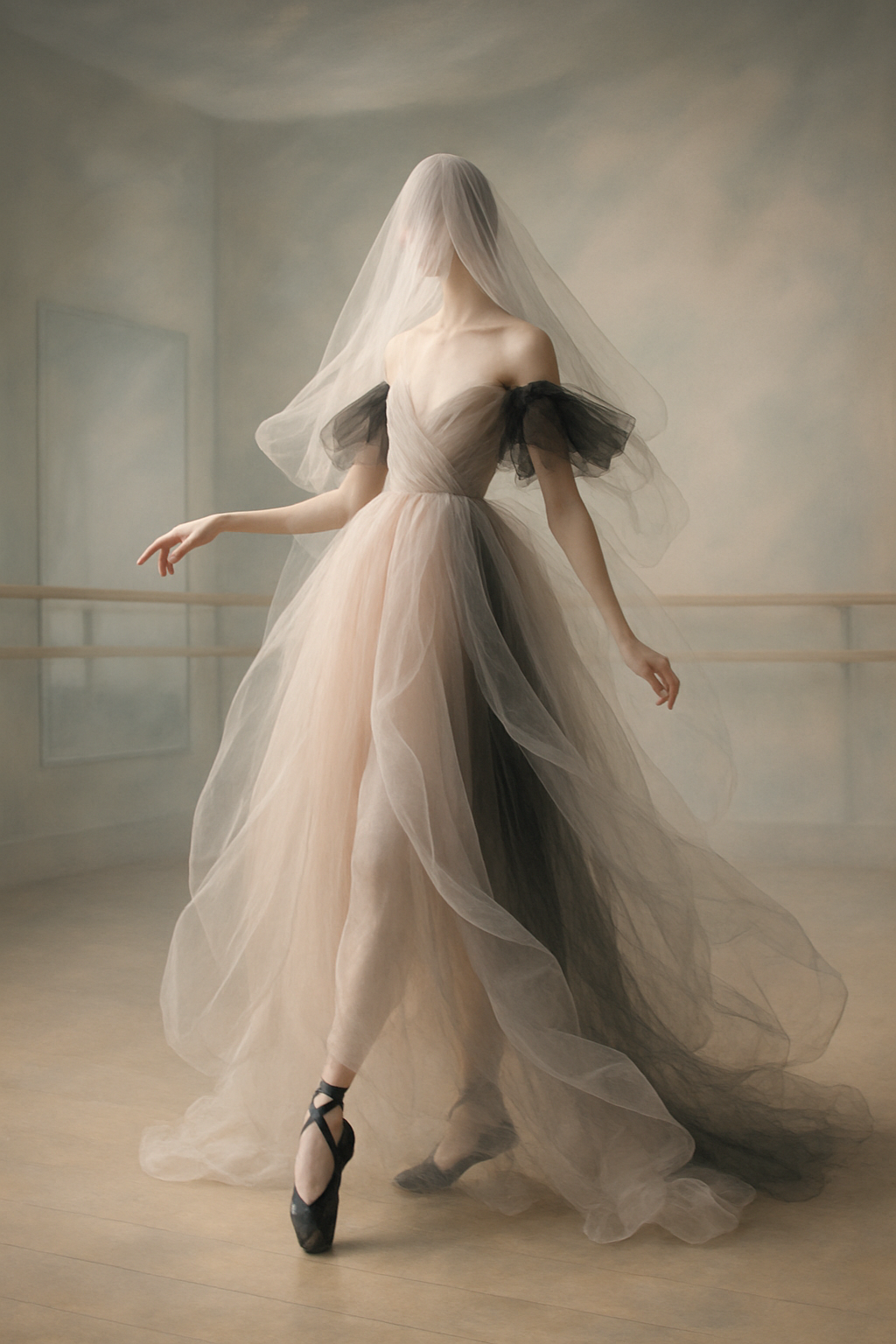 SKIPIKS AI 패션 화보 — ethereal, romantic — 베이지와 검정의 조화가 돋보이는 이 드레스는 우아하면서도 로맨틱한 무드를 선사해요. 발레리나 슈즈와 매치하면 고급스러운 룩이 완성됩니다. 특별한