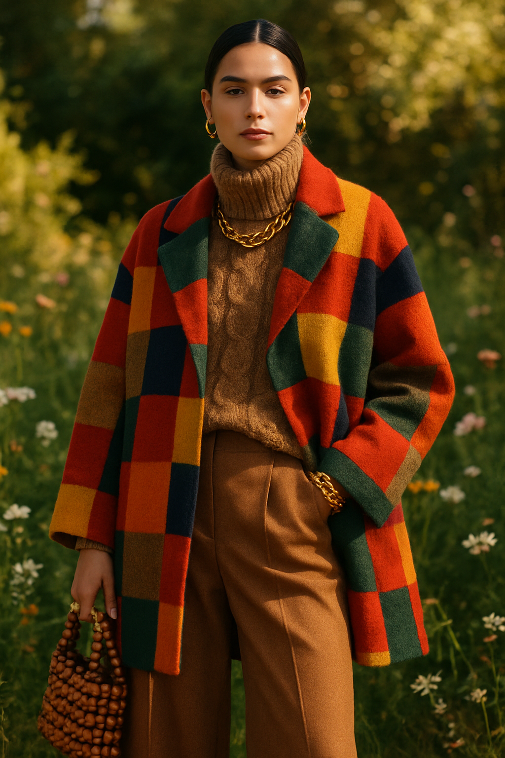 SKIPIKS AI 패션 화보 — vintage, eclectic, chic — 풍부한 컬러의 체크 코트가 가을의 따뜻한 무드를 완성시켜 주네요. 깊은 브라운 톤의 터틀넥과 팬츠는 화려한 코트와 조화를 이루며 품격 있는 스타