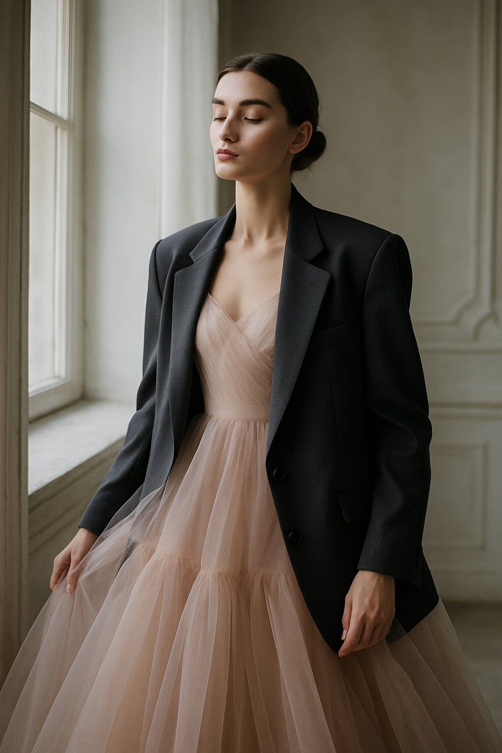 SKIPIKS AI 패션 화보 — feminine, modern, classic — 우아하면서도 페미닌한 무드가 돋보이는 룩입니다. 블랙 재킷과 핑크 튤 소재 드레스가 조화를 이루며 고급스러운 분위기를 만들어줍니다. 깨끗한 액세