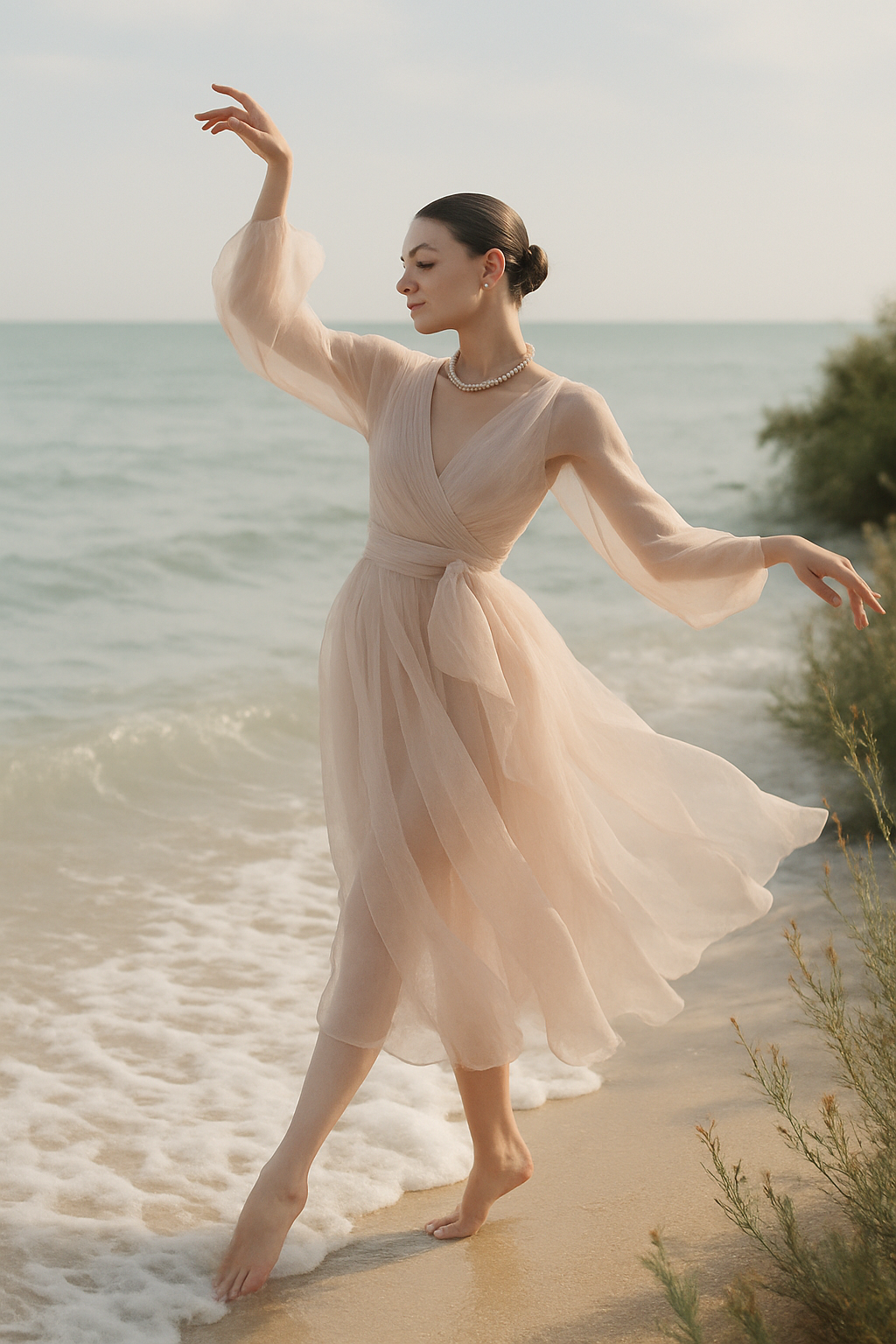 SKIPIKS AI 패션 화보 — feminine, elegant — 베이지 컬러의 쉬폰 드레스는 바람에 흩날리며 우아한 실루엣을 만들어냅니다. 진주 목걸이와 같은 클래식한 아이템을 더해 여성스러운 매력을 한층 더