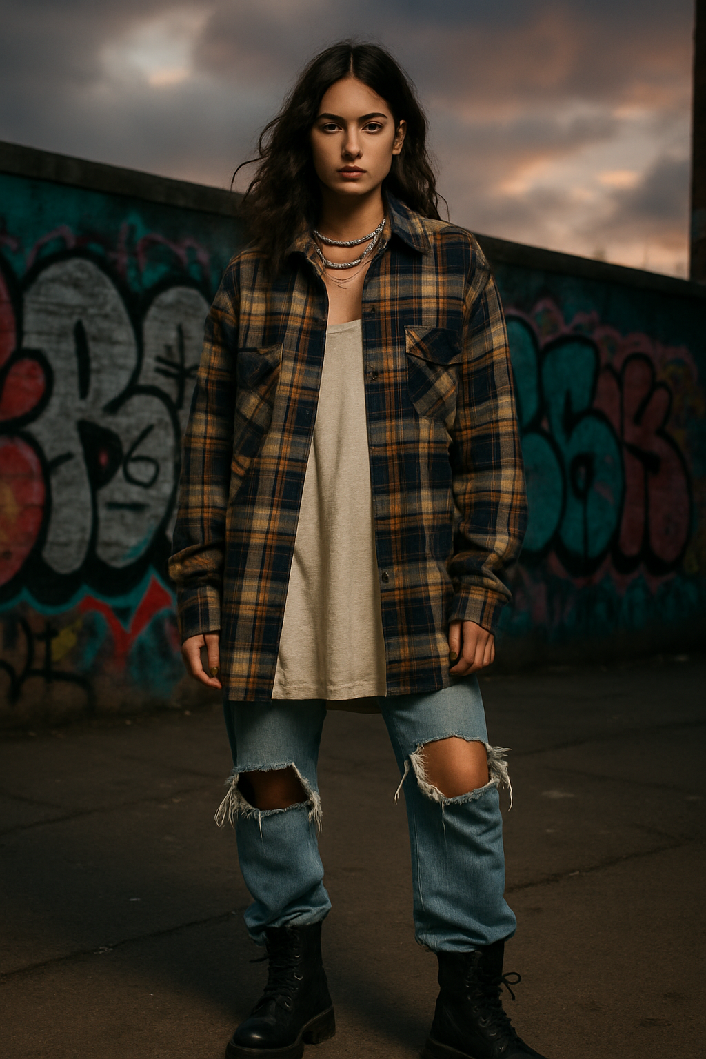 SKIPIKS AI 패션 화보 — grunge, streetwear, casual — 아우터와 함께한 캐주얼한 그런지 룩이 도심 속 스트리트 감성을 자아냅니다. 찢어진 청바지와 워커 부츠의 매치를 통해 개성 넘치는 스타일을 추천해
