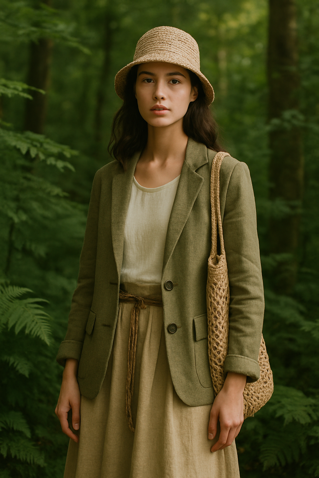 SKIPIKS AI 패션 화보 — bohemian, nature, rustic — 자연을 닮은 부드러운 올리브와 베이지 톤의 조화가 돋보이는 룩입니다. 루즈한 핏의 재킷과 라피아 해트로 편안하면서도 빈티지한 멋을 더해보세요. 