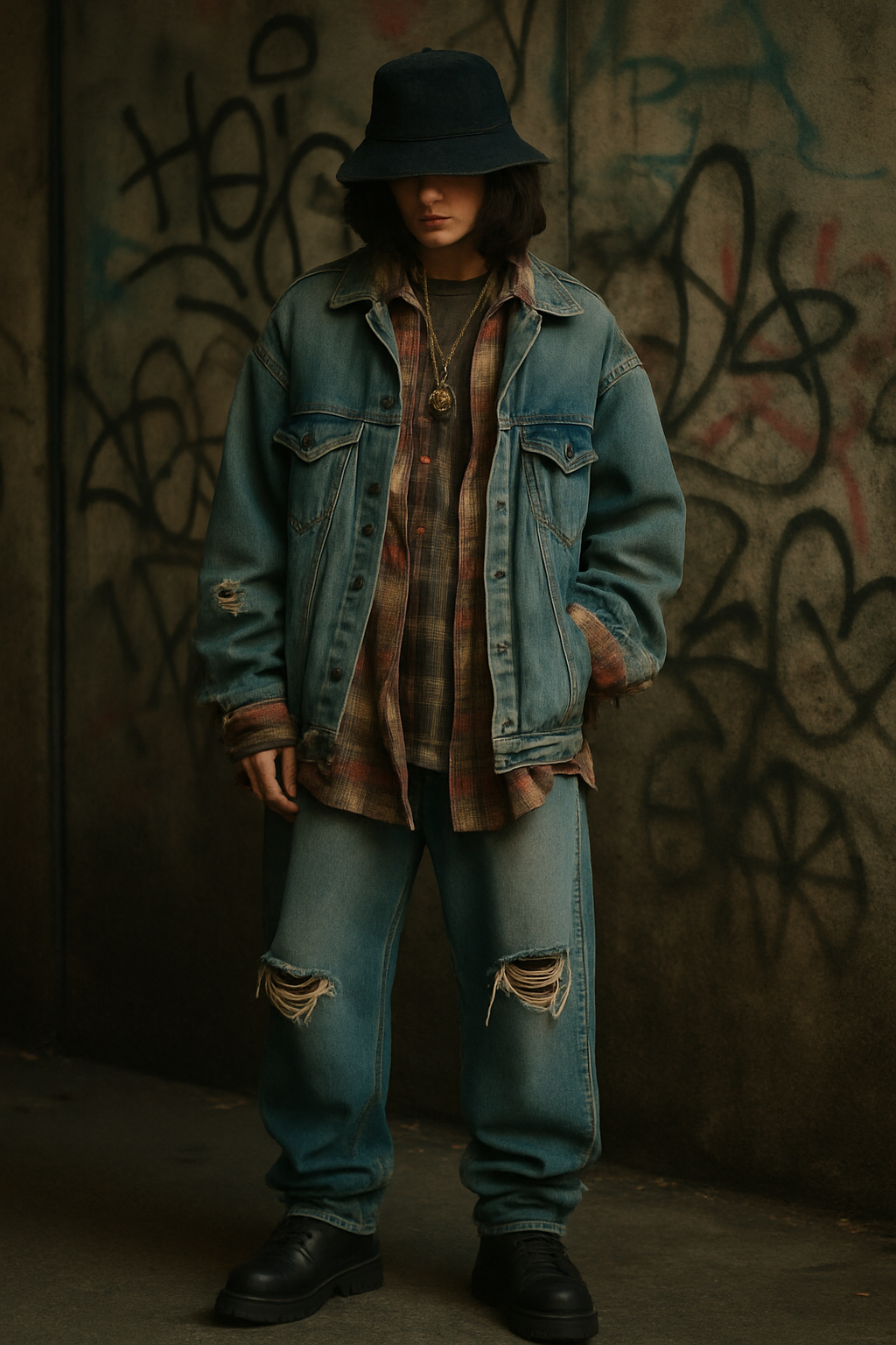 SKIPIKS AI 패션 화보 — grunge, streetwear, vintage — 빈티지한 분위기의 데님 자켓과 체크 셔츠 조합이 힙한 그런지 룩으로 완성됩니다. 블랙 부츠와 버킷 햇을 함께 매치해 스트리트 감성을 한층 살려보