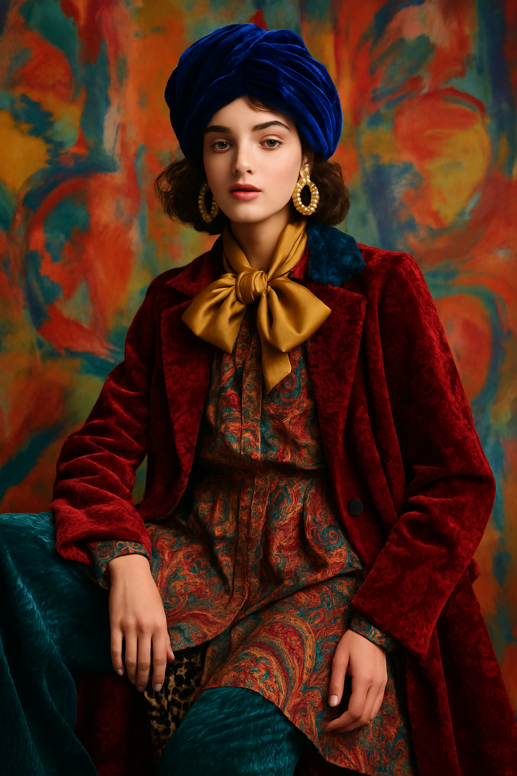 SKIPIKS AI 패션 화보 — vintage, bohemian, luxurious — 풍성한 자주색 벨벳 코트와 컬러풀한 패턴 원피스의 조화가 고급스러운 무드를 연출해요. 노란색 스카프와 파란색 터번으로 포인트를 주어 개성 넘치는