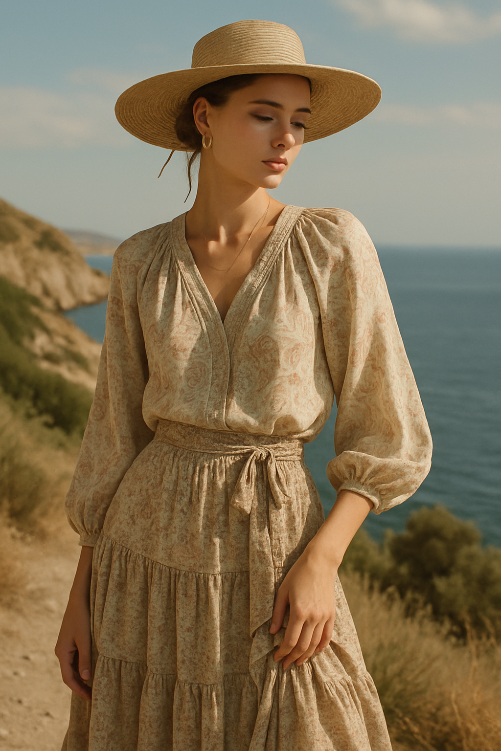 SKIPIKS AI 패션 화보 — bohemian, feminine — 부드러운 베이지 컬러의 플로럴 원피스는 자연 속에서 더욱 빛나는 보헤미안 무드를 연출해줘요. 라탄 모자와 매치하여 여름 바캉스 룩으로 추천해요.