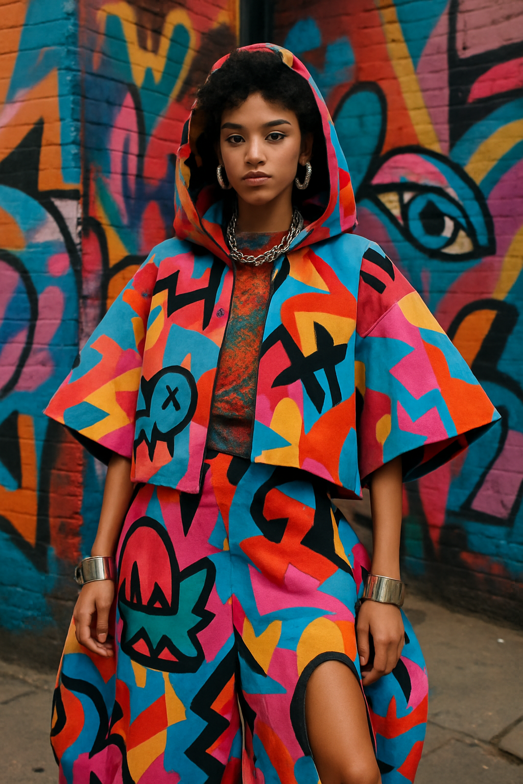 SKIPIKS AI 패션 화보 — streetwear, bold, playful — 화려한 그래픽 프린트가 돋보이는 컬러풀한 스트리트룩입니다. 실버 악세서리로 포인트를 더해 개성을 살리고, 기본 화이트 스니커즈와 매치하면 경쾌한