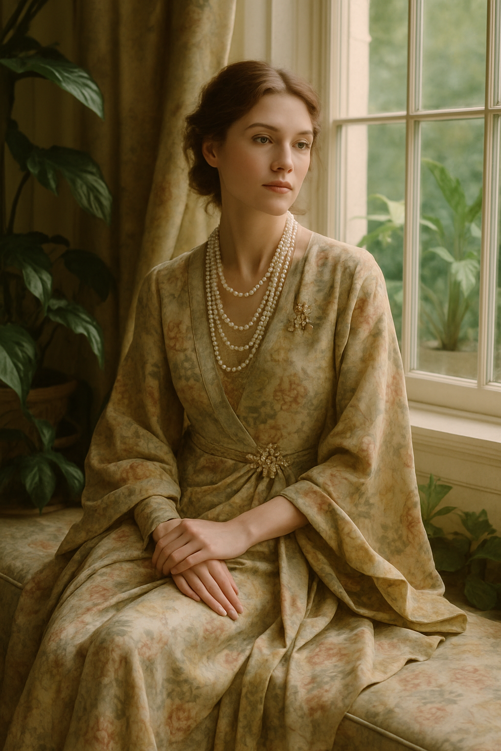SKIPIKS AI 패션 화보 — vintage, feminine — 부드러운 플로럴 패턴의 드레스가 고전적인 우아함을 선사해요. 진주 목걸이와 골드 톤의 브로치로 화사한 포인트를 주며 섬세한 여성미를 강조하기 좋