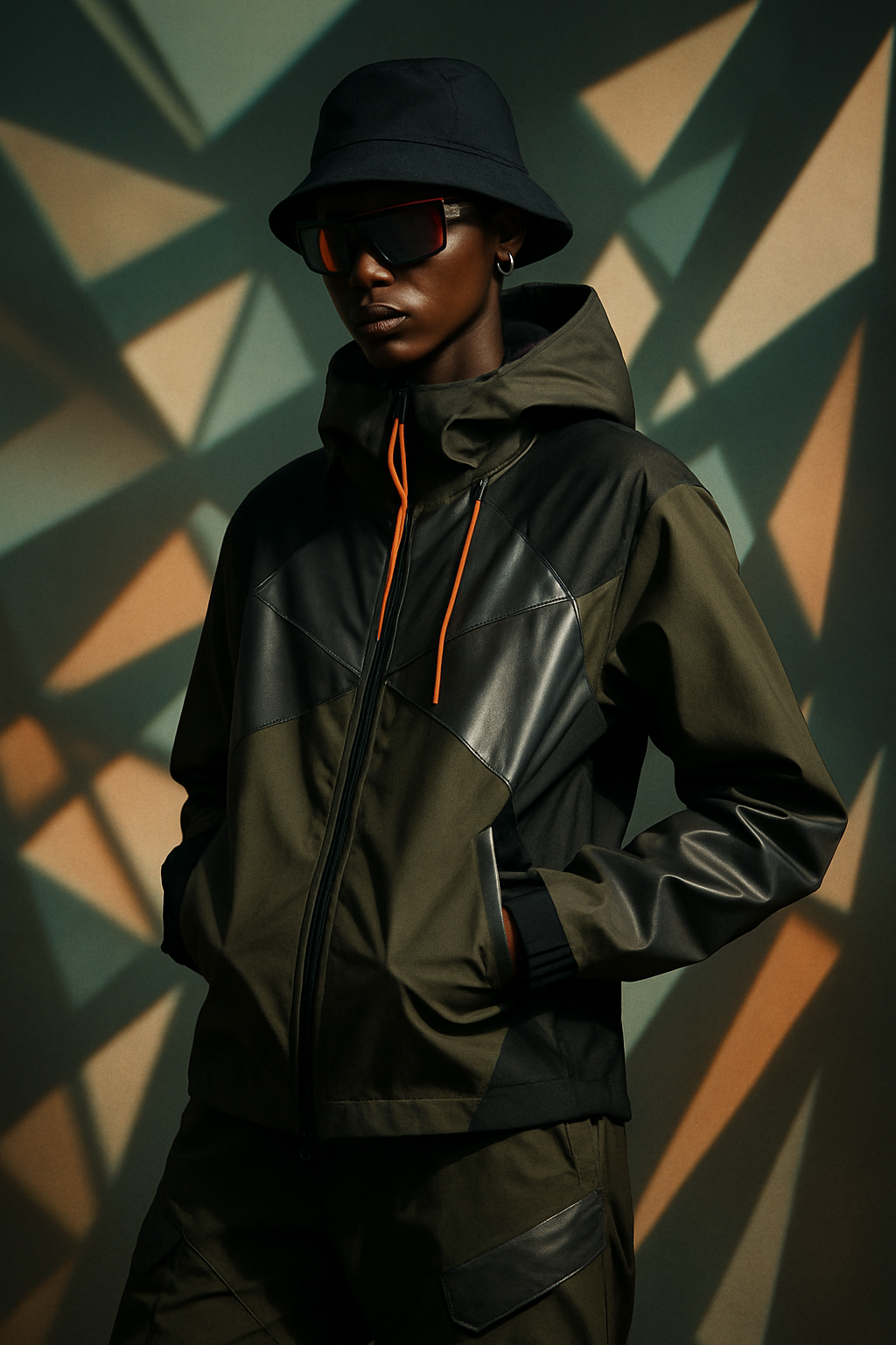 SKIPIKS AI 패션 화보 — streetwear, minimalist — 카키와 검정의 조화로 강렬한 무드를 선사하는 테크웨어 스타일입니다. 다채로운 소재가 혼합된 아우터와 유틸리티한 카고 팬츠로 기능성을 강조해보세요