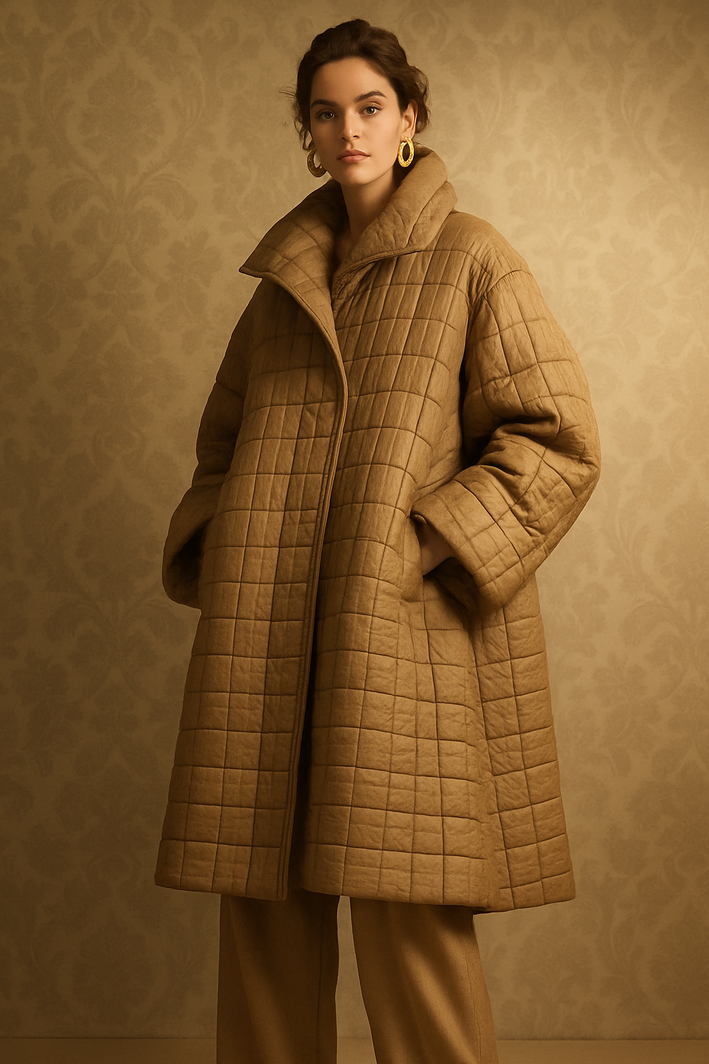 SKIPIKS AI 패션 화보 — elegant, chic — 풍부한 카멜 색상과 퀼팅 디테일이 돋보이는 코트가 따뜻하면서도 세련된 분위기를 연출해요. 고급스러운 골드 액세서리와 함께 매치하면 스타일리시한 