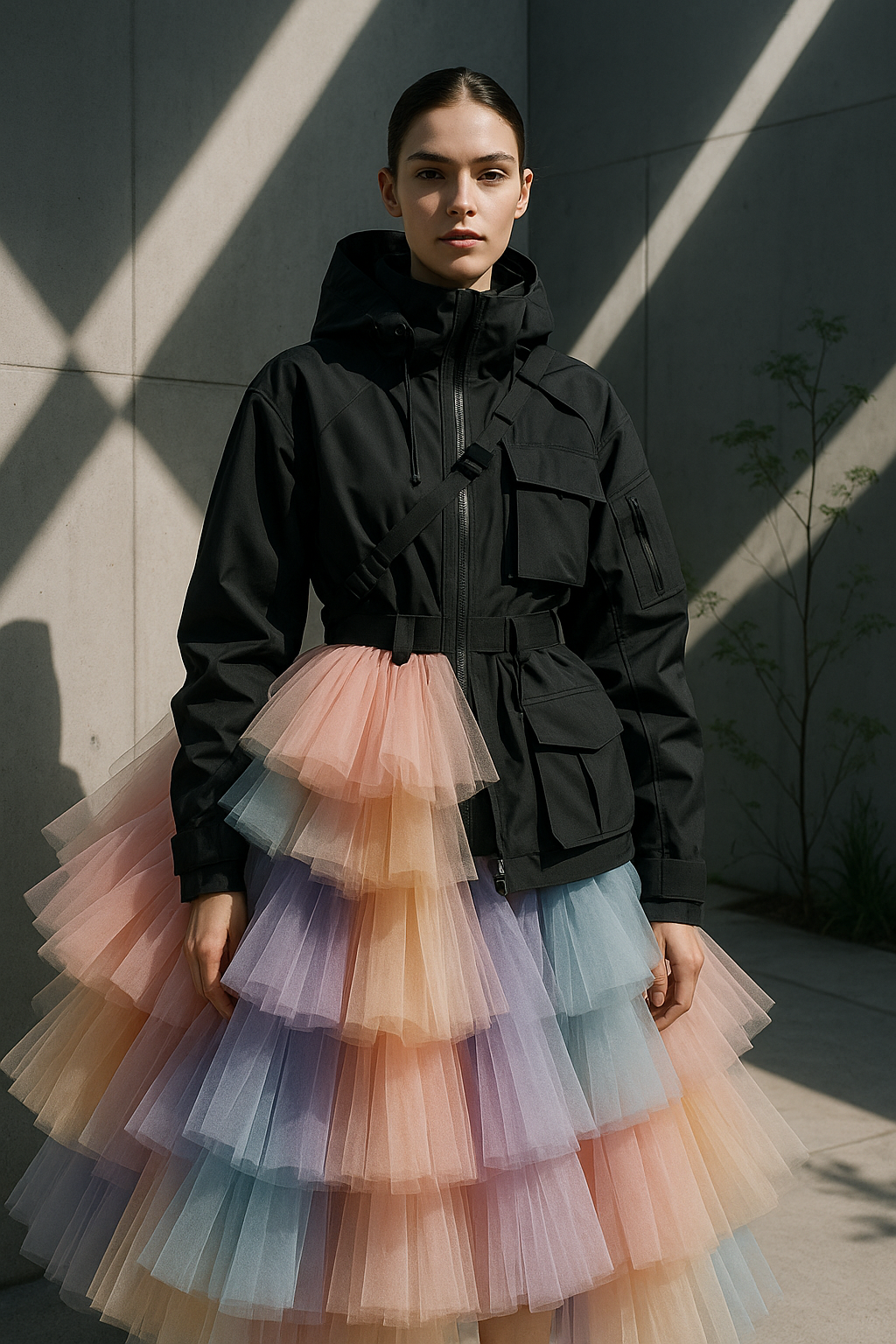 SKIPIKS AI 패션 화보 — feminine, streetwear — 블랙 후드 재킷과 파스텔 톤의 티어드 튤 드레스로 강렬하면서도 로맨틱한 무드를 연출해보세요. 재킷의 구조적 실루엣이 드레스의 부드러운 소재와 대