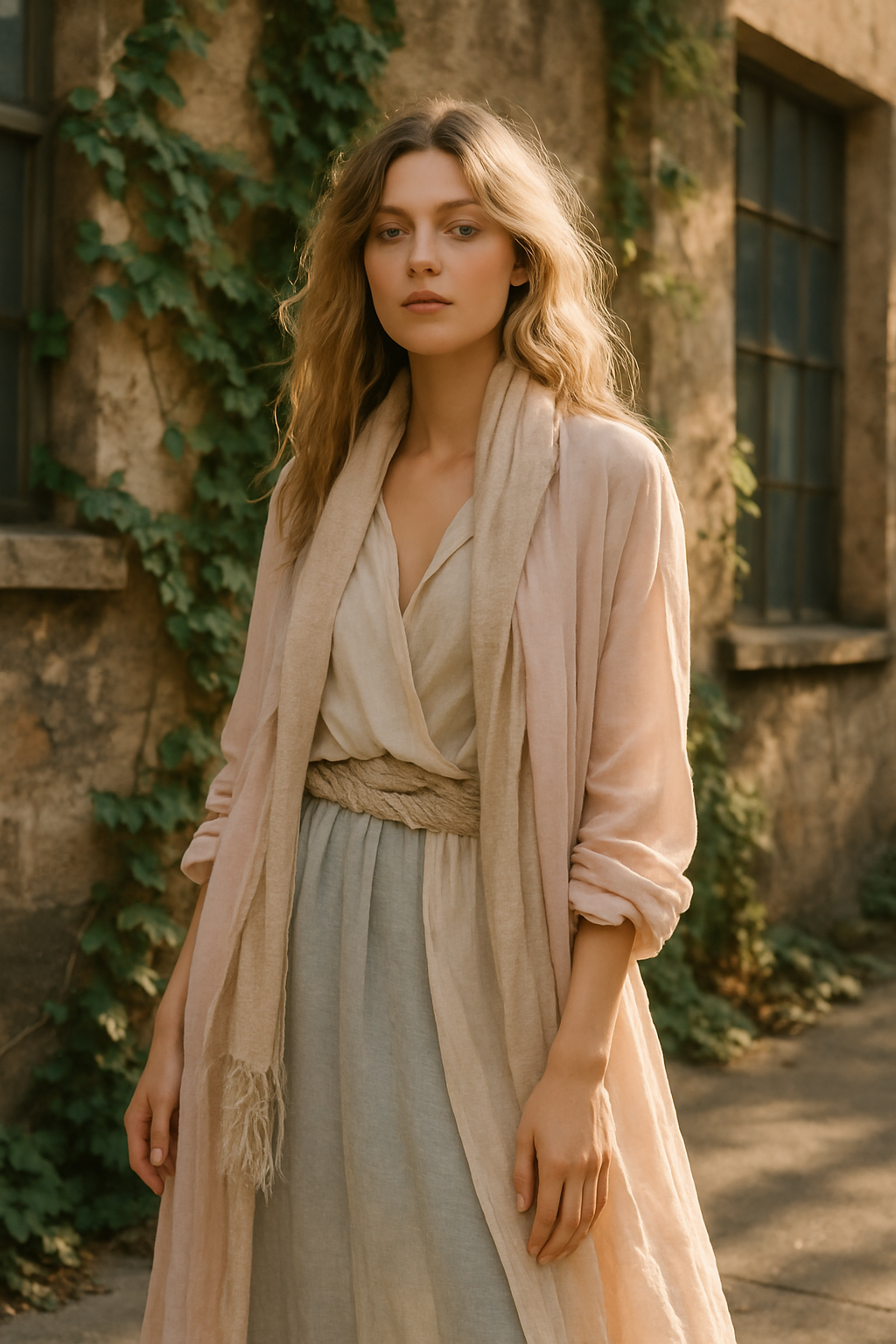 SKIPIKS AI 패션 화보 — bohemian, vintage, feminine — 부드러운 베이지와 핑크 톤의 색감이 자연스럽고 우아한 분위기를 연출해주는 룩입니다. 랩 드레스와 롱 가디건으로 레이어드를 활용하여 편안하면서도 
