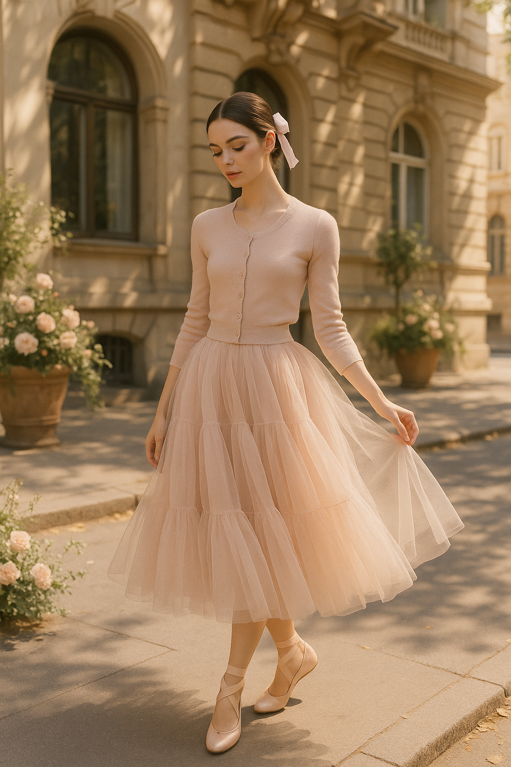 SKIPIKS AI 패션 화보 — feminine, elegant, romantic — 은은한 베이지 컬러로 조화를 이루는 이 룩은 부드러운 튤 스커트와 니트 가디건으로 로맨틱한 분위기를 연출해보세요. 리본 헤어밴드와 발레리나 플랫