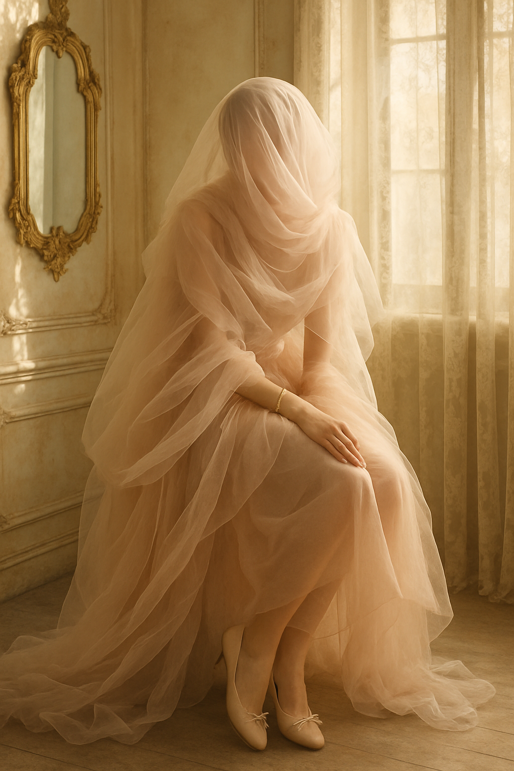 SKIPIKS AI 패션 화보 — romantic, ethereal, feminine — 하늘하늘한 베이지 컬러의 레이어드 드레스가 드라마틱한 분위기를 연출해보세요. 발레리나 슈즈와 매치하면 우아한 감성이 돋보이며, 심플한 액세서리를