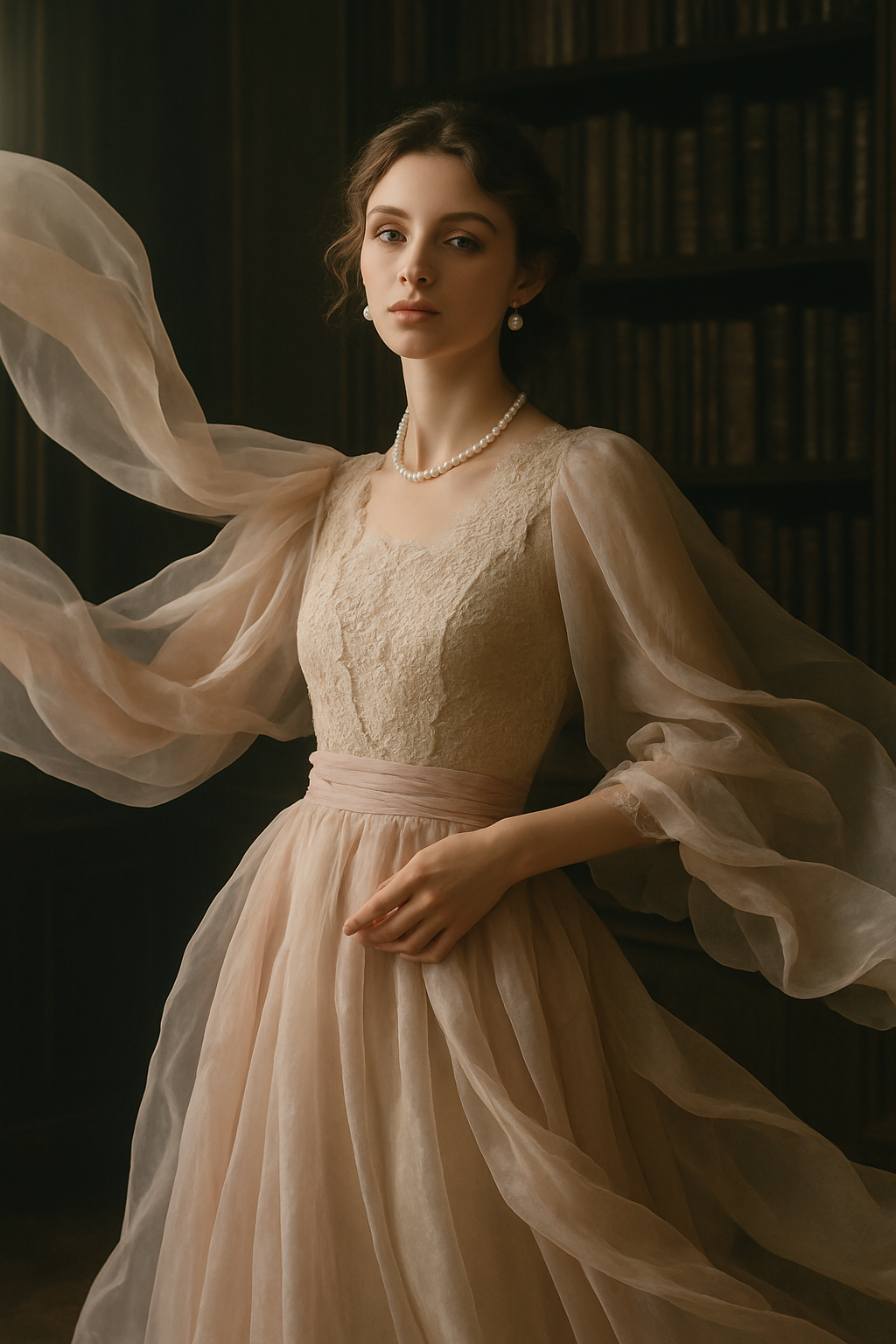 SKIPIKS AI 패션 화보 — romantic, vintage, feminine — 베이지 톤의 쉬폰 드레스가 우아한 실루엣과 함께 로맨틱한 무드를 자아내요. 진주 목걸이와 귀걸이로 클래식한 포인트를 더해 보세요. 특별한 날에 