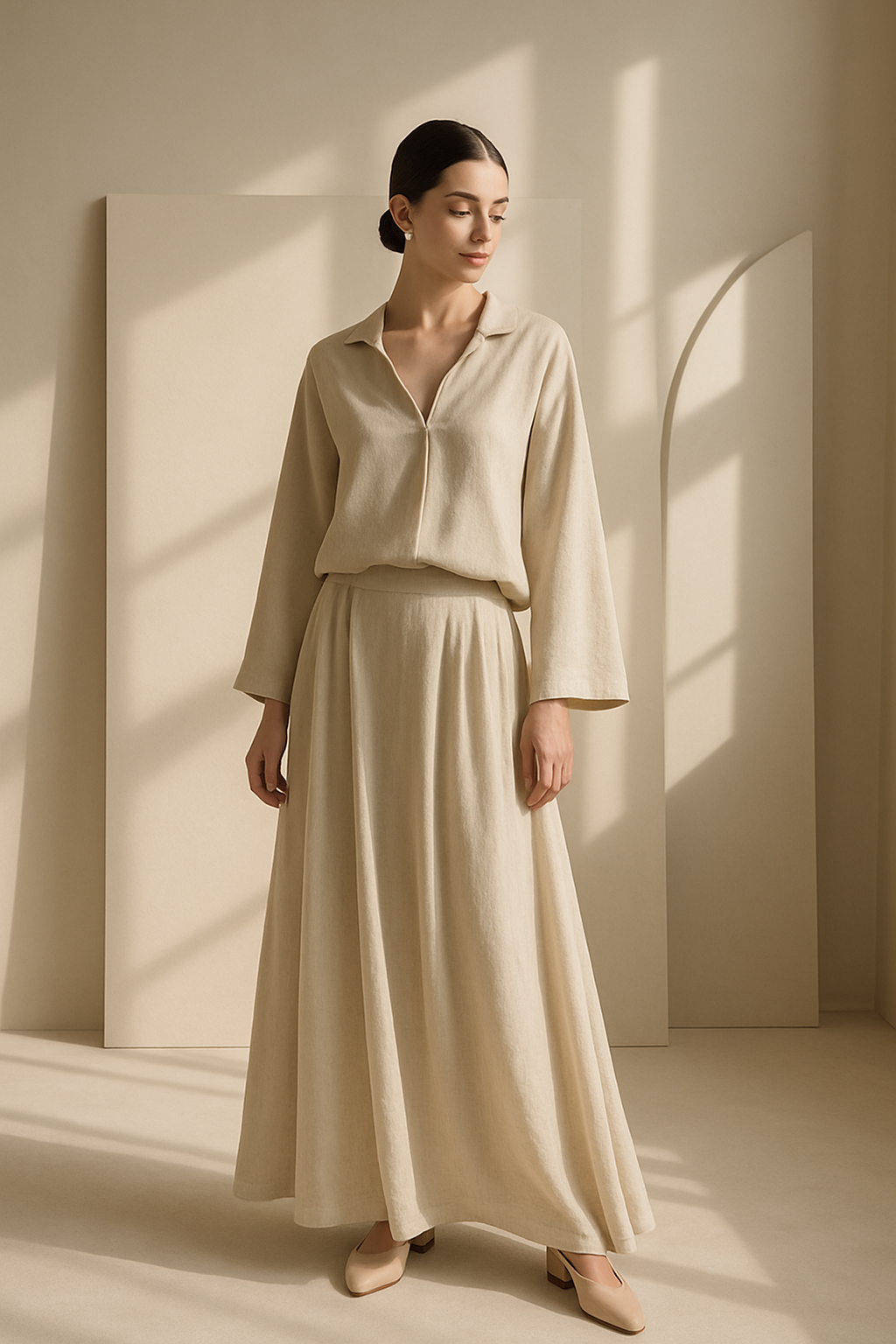 SKIPIKS AI 패션 화보 — minimalist, feminine — 우아함이 살아있는 베이지 컬러의 룩이 돋보입니다. 부드러운 실루엣의 셔츠와 롱스커트 조합은 어떤 환경에서도 편안하게 매치할 수 있어요. 플랫슈즈