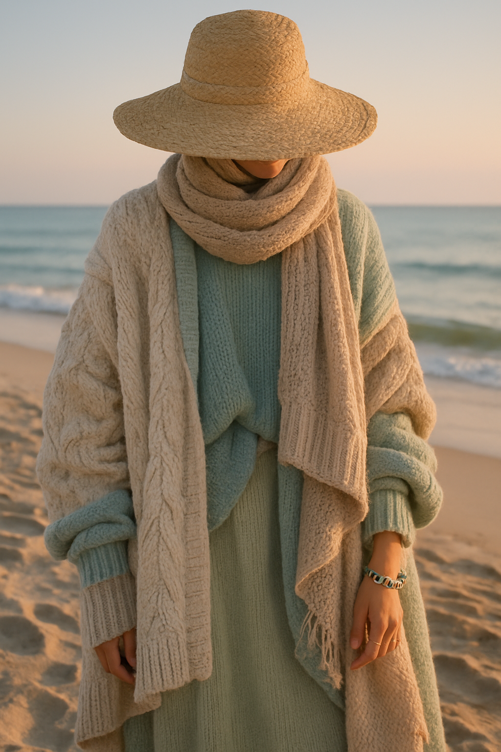 SKIPIKS AI 패션 화보 — bohemian, cozy, layered — 니트 소재와 부드러운 색상의 조화로 따뜻하고 여유로운 무드를 연출해보세요. 오버사이즈 가디건과 풀오버를 레이어링해 다양한 텍스처의 믹스가 돋보입