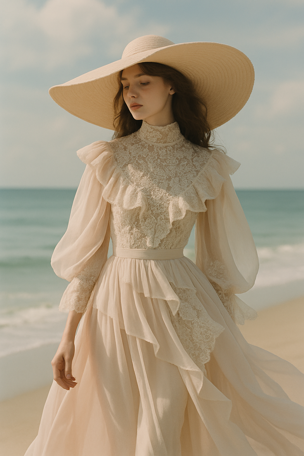SKIPIKS AI 패션 화보 — feminine, romantic, vintage — 부드러운 크림색의 레이스 드레스는 로맨틱한 무드를 연출하며, 바람에 따라 유연하게 흐르는 실루엣이 매력적이에요. 베이지색 와이드 모자로 스타일을