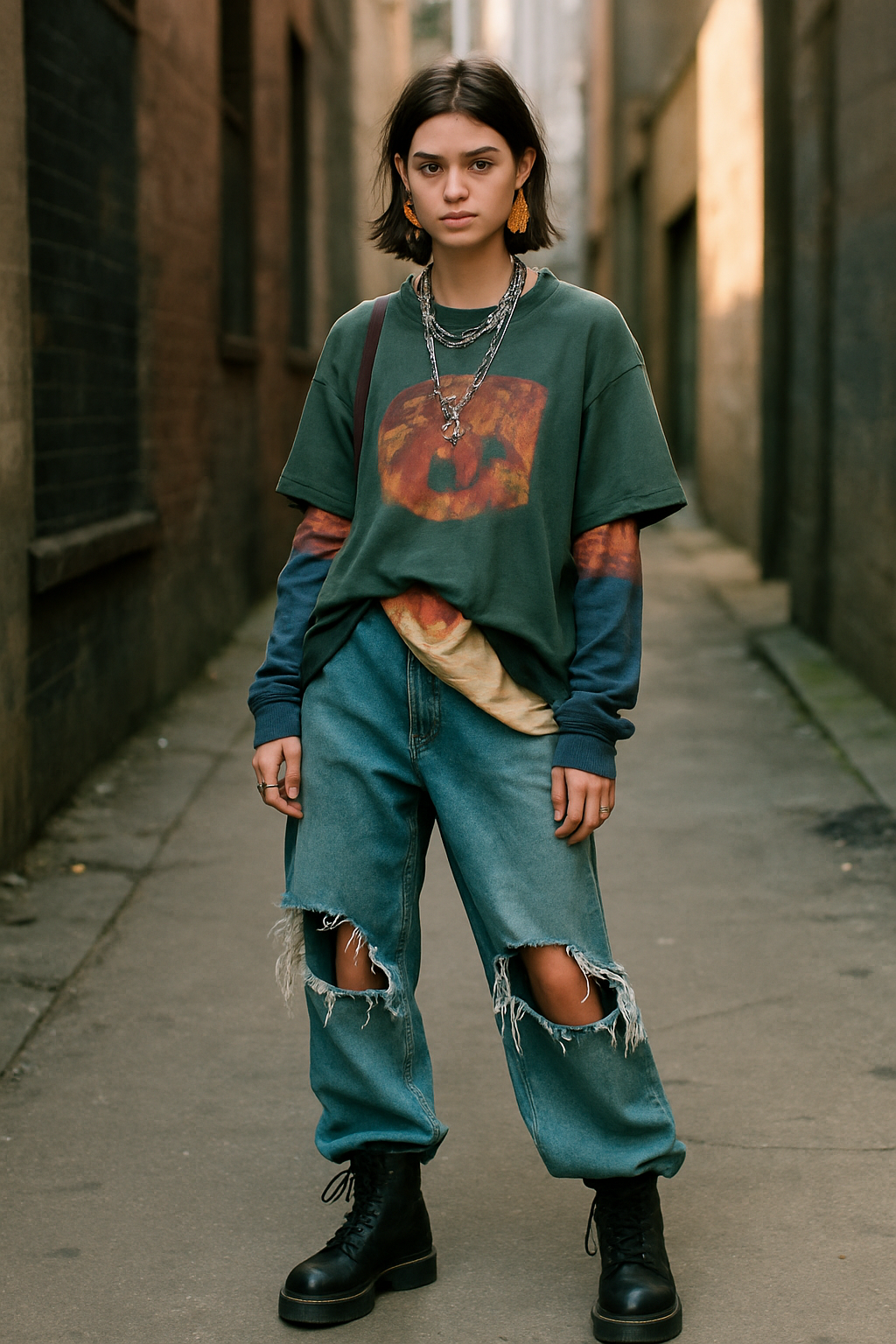 SKIPIKS AI 패션 화보 — streetwear, casual, vintage — 떠오르는 그린 컬러의 티셔츠와 찢어진 청바지가 안정된 빈티지 무드를 만들어줘요. 여기에 실버 주얼리로 스타일에 포인트를 더해보세요. 가을의 캐주