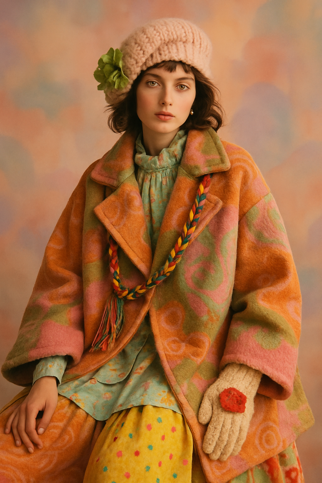 SKIPIKS AI 패션 화보 — bohemian, vintage — 화사한 색감과 패턴이 인상적인 보헤미안 스타일의 룩입니다. 오버사이즈 코트와 니트 베레모가 어우러지며 독특한 빈티지 감성을 느낄 수 있어요. 데