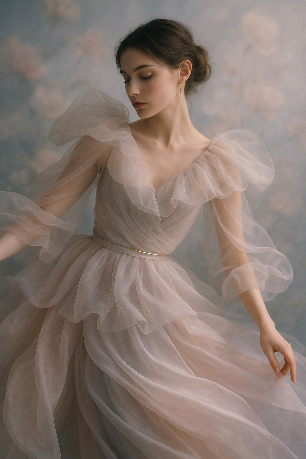 SKIPIKS AI 패션 화보 — romantic, feminine, elegant — 베이지 컬러의 쉬폰 드레스가 로맨틱한 분위기를 자아내며, 우아한 실루엣이 돋보여요. 특히 프릴과 레이어드 디테일이 여성스러움을 한층 더해줍니다.