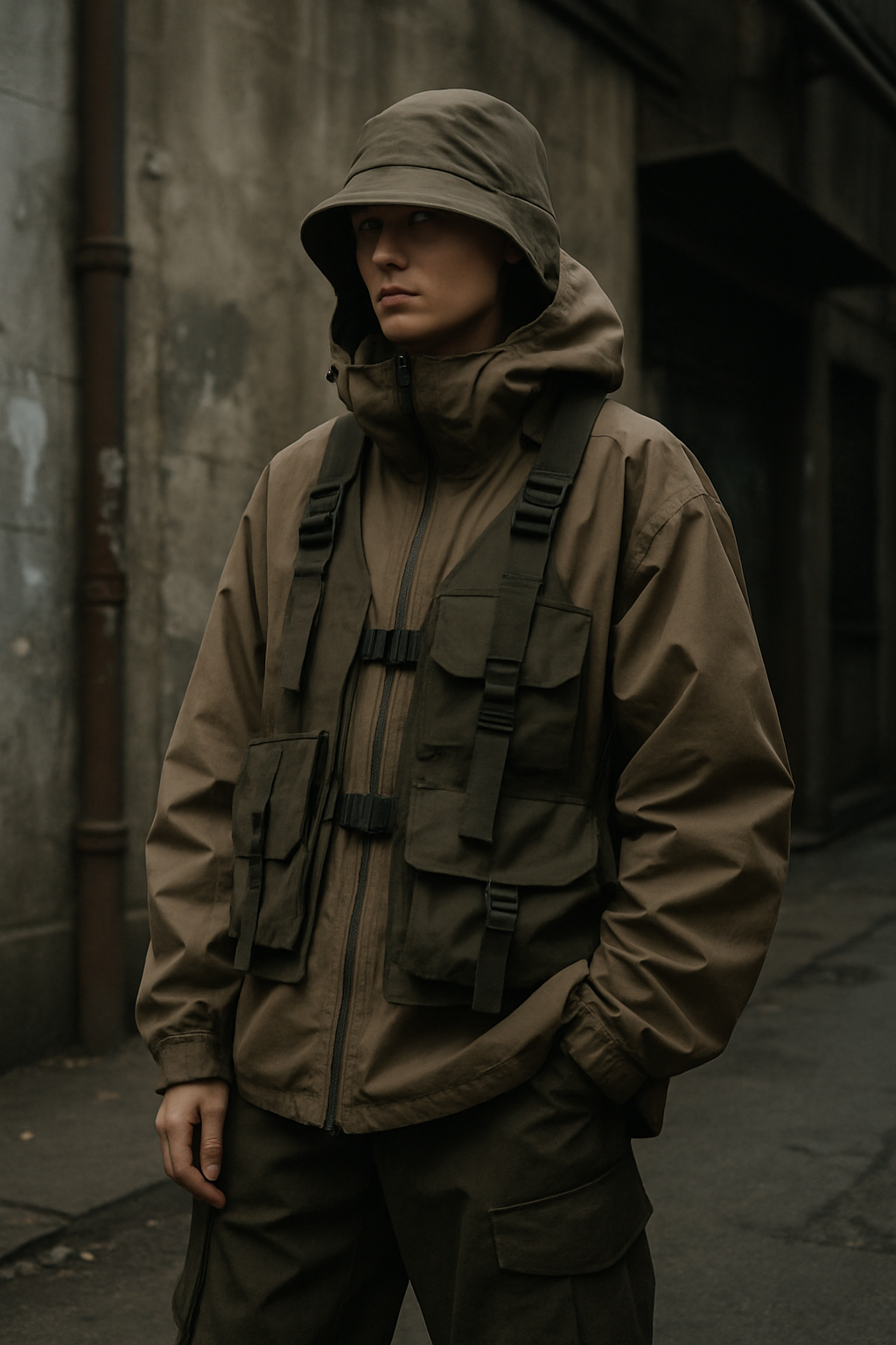 SKIPIKS AI 패션 화보 — minimalist, streetwear, utilitarian — 카키 컬러의 밀리터리 무드가 돋보이는 고프코어 스타일이 돋보이는 룩입니다. 후드 재킷과 카고 팬츠로 실용적이면서도 스타일리시한 연출이 가능합니다