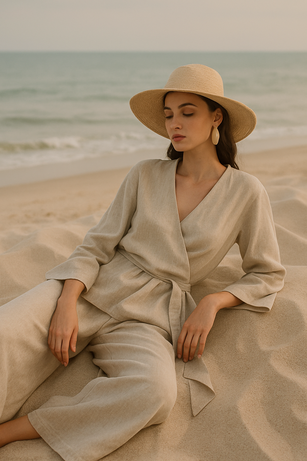SKIPIKS AI 패션 화보 — minimalist, beachwear — 이 룩은 바다의 잔잔한 색감을 닮은 베이지 컬러와 린넨 소재가 조화를 이루어 여유롭고 편안한 분위기를 연출합니다. 스트로 햇과 드롭 이어링으로 