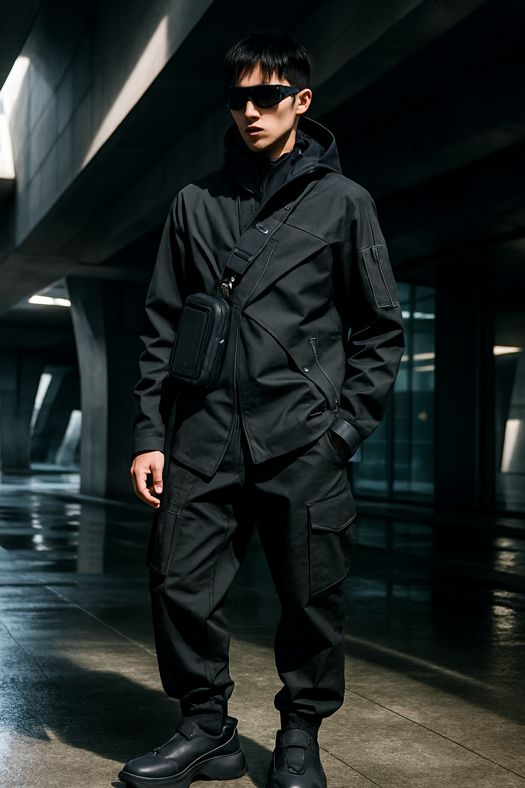 SKIPIKS AI 패션 화보 — techwear, streetwear, modern — 올 블랙의 테크웨어 룩이 도회적이면서도 현대적인 분위기를 완성합니다. 기능성 재킷과 카고 팬츠의 조합으로 트렌디하면서도 편안한 스타일을 연출해 