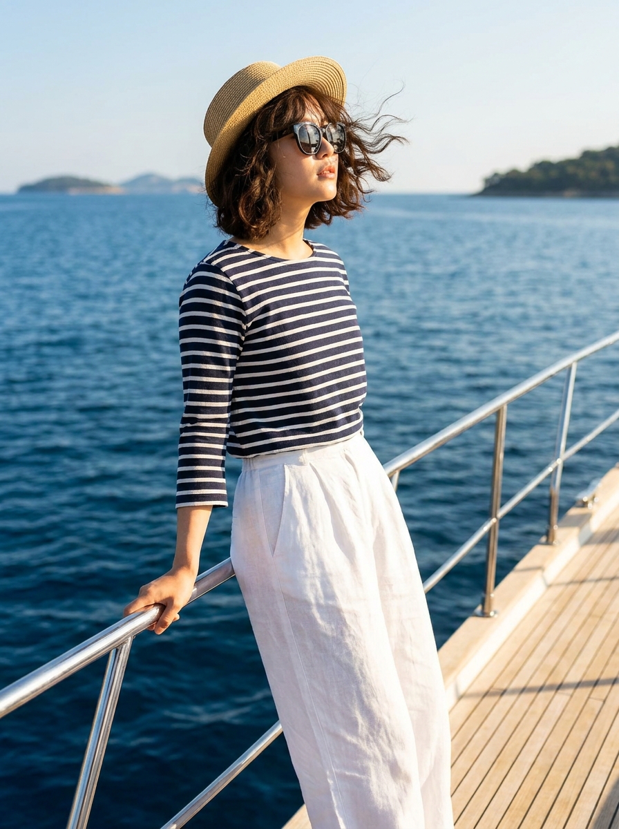 SKIPIKS AI 패션 화보 — casual, nautical, summer — 시원한 바람과 함께 어우러지는 네이비 스트라이프와 화이트 린넨 팬츠의 조화가 매력적인 여름 룩입니다. 밀짚 모자와 선글라스로 스타일의 완성도를 