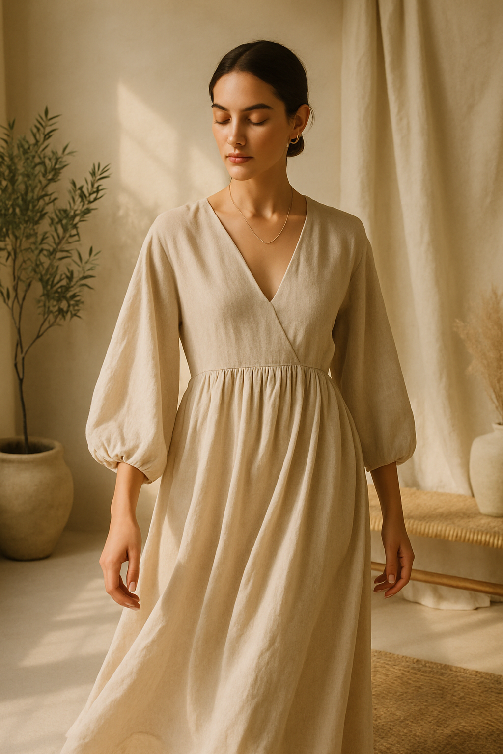 SKIPIKS AI 패션 화보 — minimalist, feminine — 자연스러운 베이지 컬러의 롱 원피스는 부드러운 실루엣을 강조하며, 편안하면서도 세련된 분위기를 완성해요. 얇은 골드 목걸이나 작은 후프 귀걸이와