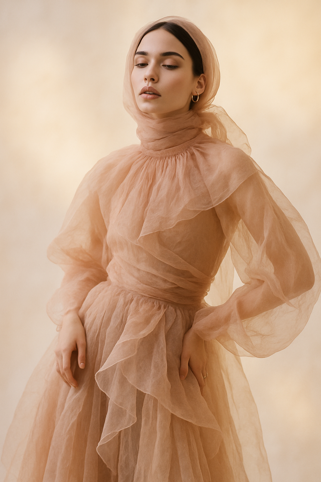 SKIPIKS AI 패션 화보 — romantic, feminine, elegant — 베이지 톤의 시폰 소재가 우아하게 흐르는 드레스로 로맨틱한 무드를 강조해보세요. 스카프와 골드 액세서리로 페미닌한 포인트를 더해 스타일을 완성할