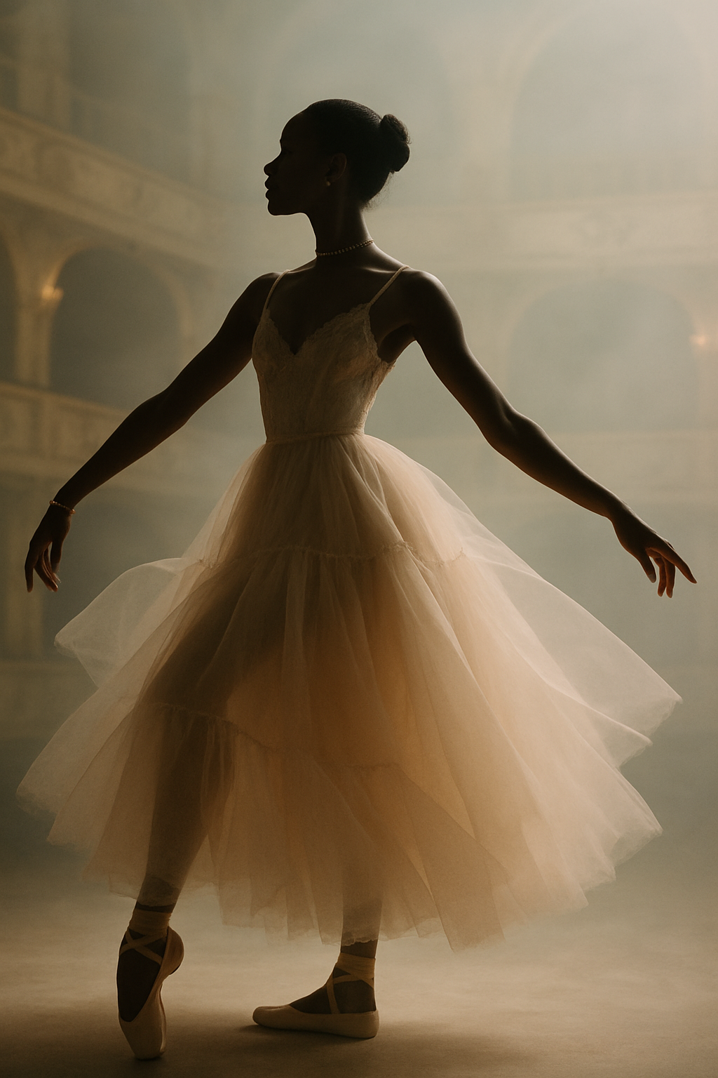 SKIPIKS AI 패션 화보 — feminine, ethereal, classic — 베이지 컬러의 투명한 발레 드레스가 우아하고 꿈결 같은 분위기를 연출해요. 클래식 발레 슈즈와 간결한 진주 목걸이로 완성도를 높이는 스타일링을 