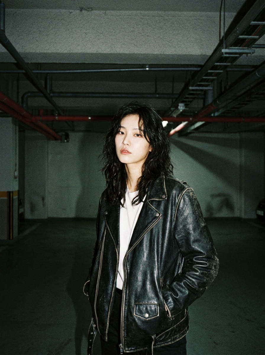 SKIPIKS AI时尚大片 — minimalist, urban — 빈티지한 분위기의 검정 가죽 재킷으로 완성한 시크룩이 돋보입니다. 흰색 티셔츠를 안에 레이어드해 컬러 대비를 주어 스타일의 포인트를 살려보세요.