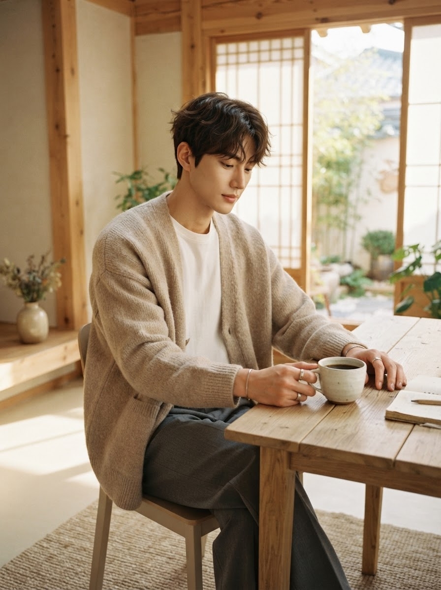 SKIPIKS AI 패션 화보 — minimalist, casual — 따뜻한 베이지 카디건이 부드러운 무드를 연출하고, 화이트 티셔츠와 그레이 팬츠로 편안한 레이어링을 완성해보세요. 실버 액세서리로 포인트를 주어 