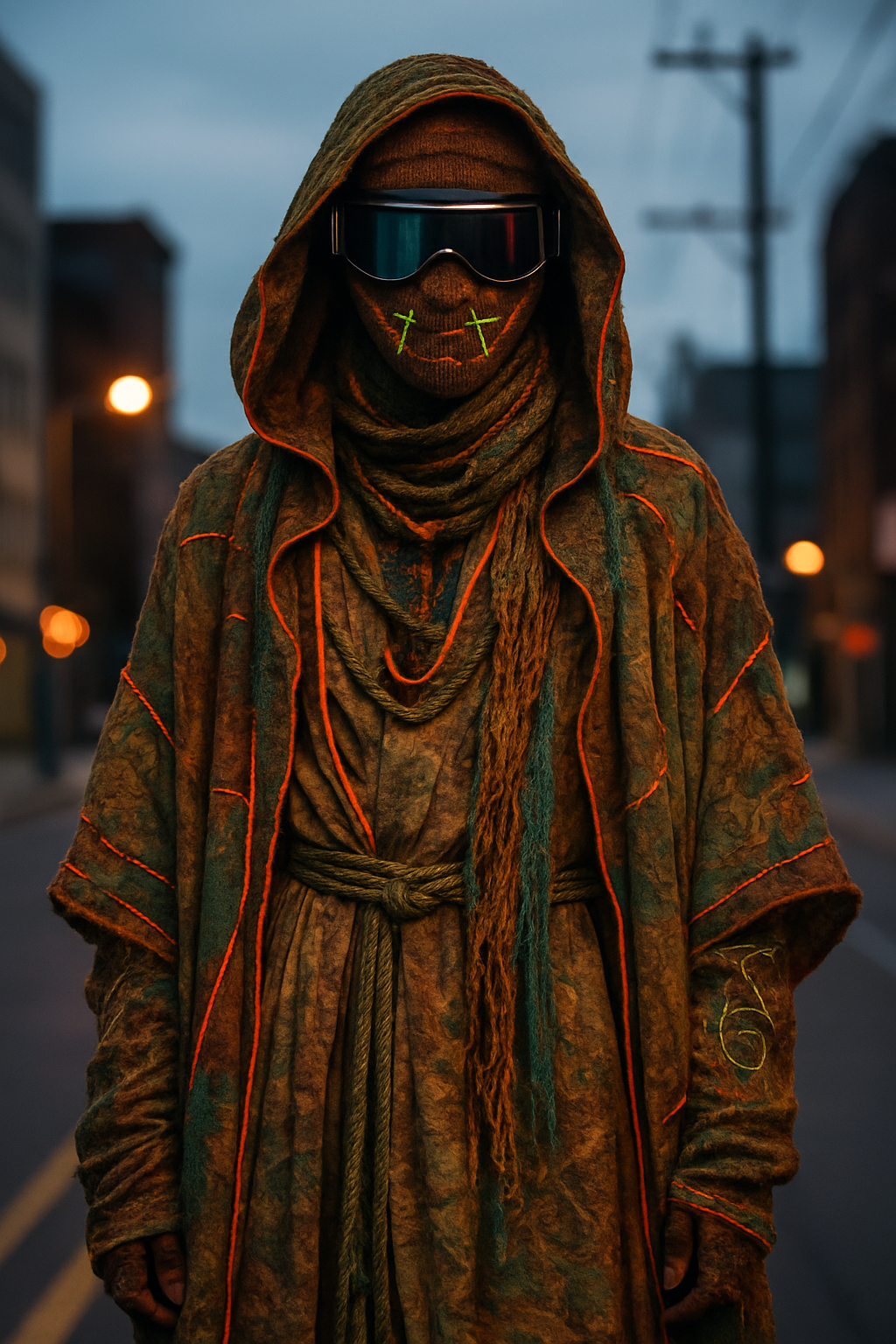 SKIPIKS AI 패션 화보 — futuristic, streetwear, avantgarde — 미래지향적이며 신비로운 무드가 돋보이는 룩입니다. 카키색 후드 가운과 고글이 어우러져 강렬한 인상을 주며, 얼굴을 가린 디테일이 독특합니다. 비