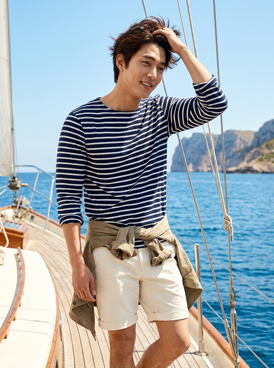 SKIPIKS AI 패션 화보 — nautical, casual — 네이비 스트라이프 티셔츠와 베이지 쇼츠가 조화를 이뤄 자연스러운 마린룩이 완성됩니다. 여기에 카키 재킷을 허리에 감아 캐주얼한 포인트를 더하세요