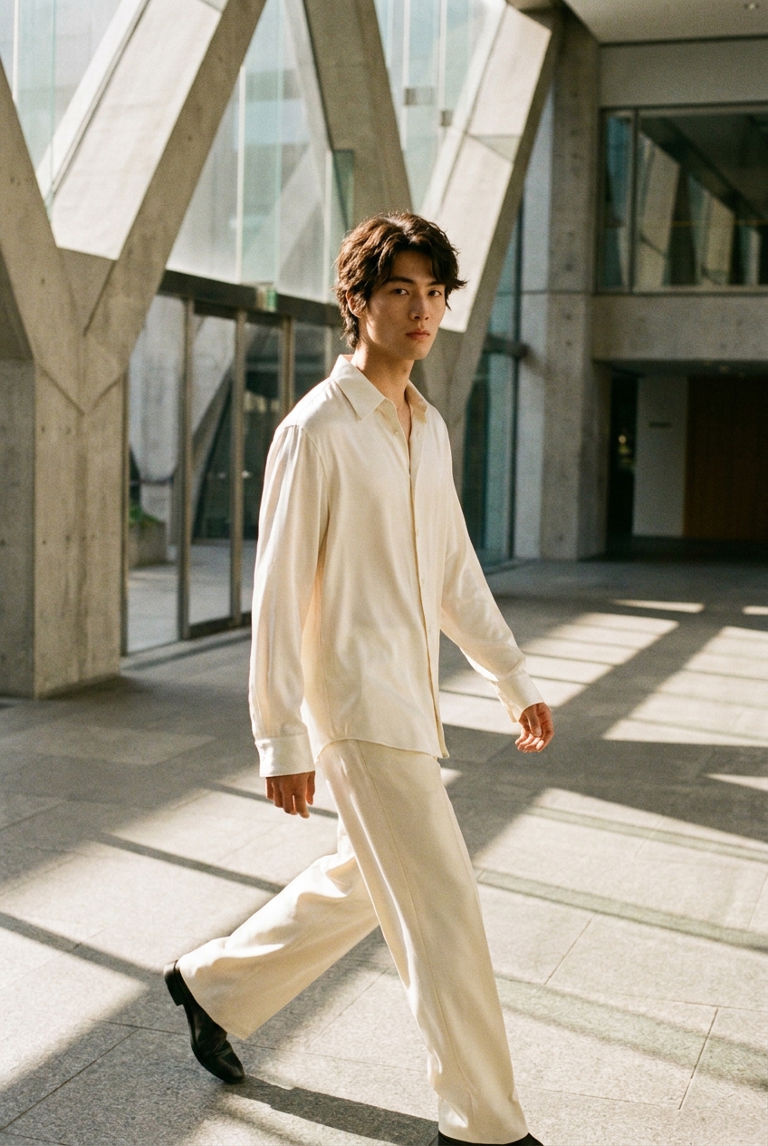 SKIPIKS AI 패션 화보 — minimalist, chic, modern — 아이보리 컬러의 실크 셔츠와 와이드 팬츠가 조화를 이루어 럭셔리하면서도 편안한 무드를 전해요. 이 룩은 심플한 디자인의 블랙 슬립온 슈즈와 매치