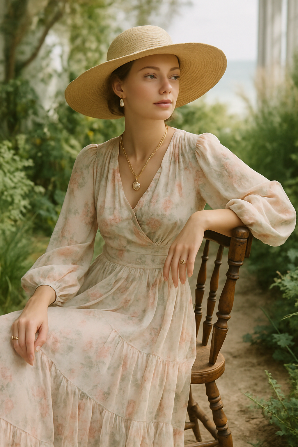 SKIPIKS AI 패션 화보 — vintage, romantic, feminine — 시원한 자연 속에서 화사한 플로럴 패턴의 롱 드레스가 여성스러운 분위기를 연출해요. 드레스와 어우러지는 스트로 햇과 골드 악세서리로 우아한 매력