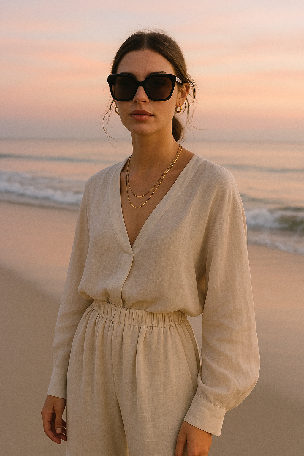 SKIPIKS AI 패션 화보 — minimalist, beachwear — 부드러운 크림 컬러의 블라우스와 팬츠가 조화롭게 어우러져 고급스러움이 느껴지는 룩이에요. 여기에 블랙 선글라스와 골드 악세사리로 포인트를 주어 