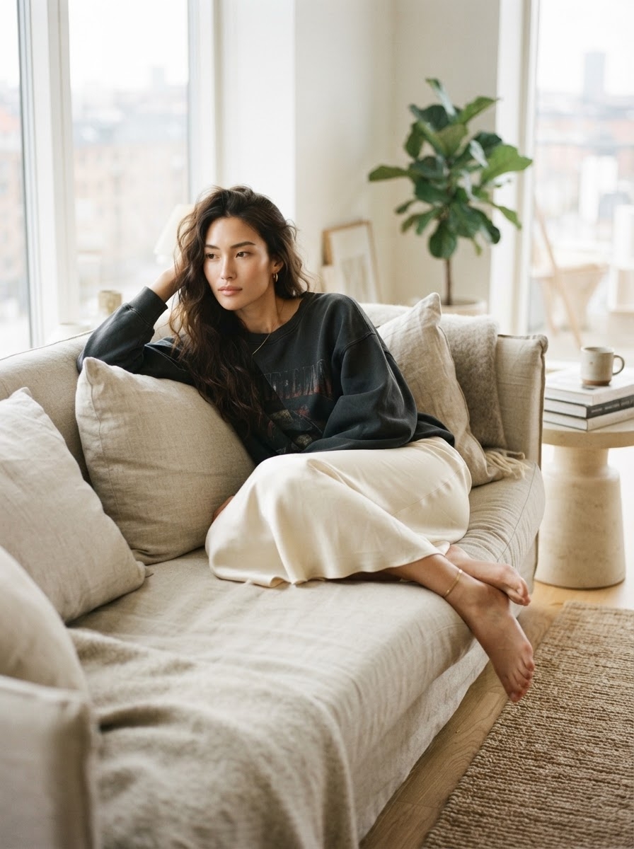 SKIPIKS AI 패션 화보 — casual, comfortable, minimalist — 편안한 실루엣을 가진 스웨트셔츠와 롱스커트의 조화가 부드러운 분위기를 자아내요. 골드 악세사리로 은은한 포인트를 더해 데일리 룩으로 손색없습니다