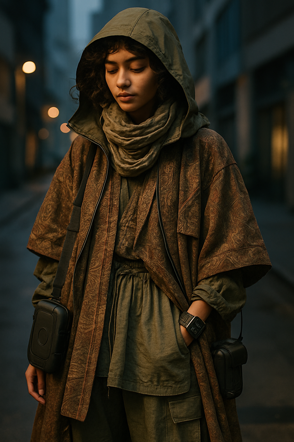 SKIPIKS AI 패션 화보 — streetwear, utilitarian, layered — 이번 룩은 올리브 그린과 카키 컬러가 어우러진 밀리터리 느낌의 감각적인 스타일입니다. 유틸리티 감성을 살린 카고 팬츠와 후드 케이프로 레이어드 