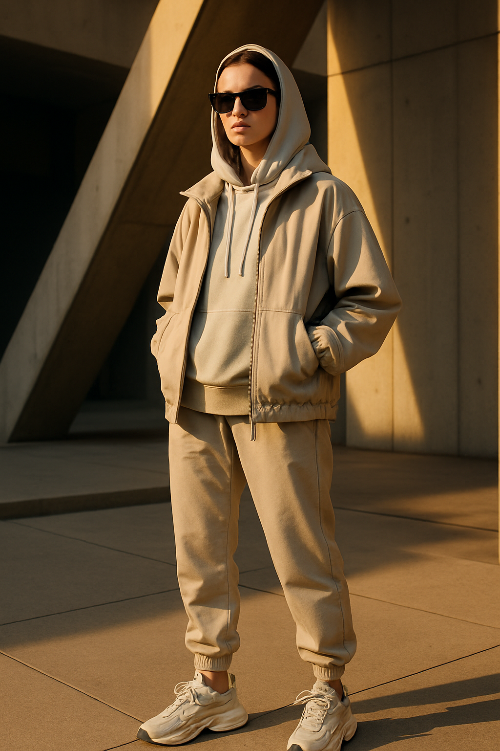 SKIPIKS AIファッション写真 — streetwear, minimalist, casual — 베이지와 카멜의 따뜻한 조화로 편안하면서도 세련된 무드를 자아내는 룩입니다. 후드 티셔츠와 조거 팬츠로 구성된 이 스타일은 일상 속에서도 활동적