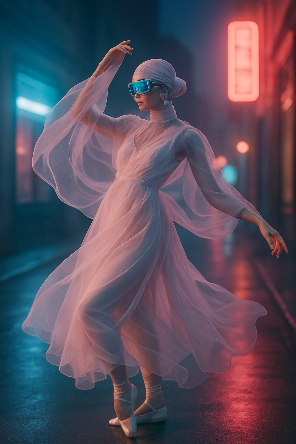 SKIPIKS AI 패션 화보 — futuristic, elegant, dramatic — 은은한 핑크색 쉬폰 드레스가 선사하는 우아하고 몽환적인 무드가 돋보입니다. 볼드한 선글라스와 신발의 매치는 미래지향적인 느낌을 더해 주며, 특히