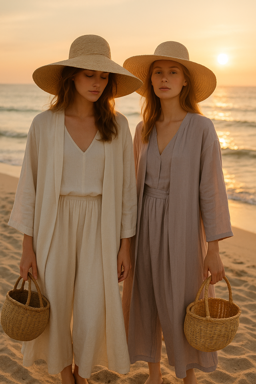 SKIPIKS AIファッション写真 — natural, beachwear, casual — 자연스럽고 편안한 느낌을 주는 리넨 소재의 롱 드레스와 라탄 모자가 어우러진 여름 비치룩입니다. 드레스는 여유 있는 실루엣으로 부드러운 움직임을