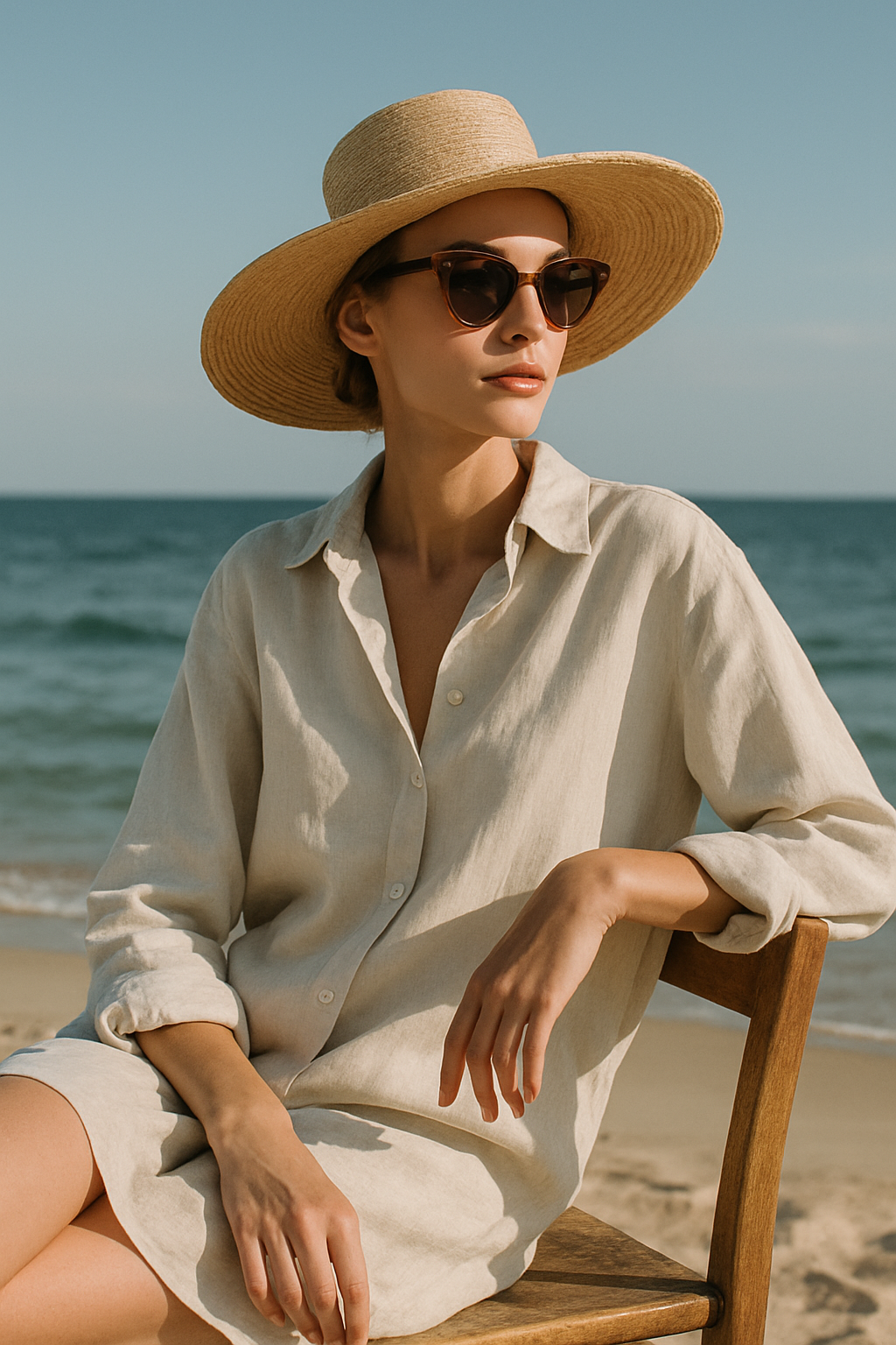 SKIPIKS AI 패션 화보 — minimalist, beachwear — 베이지 린넨 원피스와 내추럴한 밀짚모자의 조화가 해변의 낭만적인 무드를 완성해보세요. 갤러리 선글라스를 더해 시크한 포인트를 줄 수 있어요. 여
